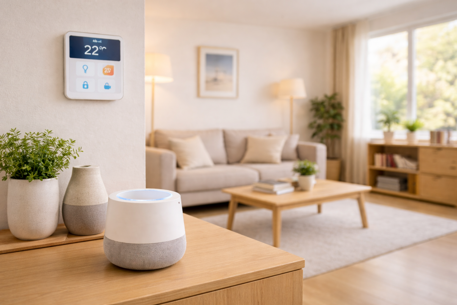 Modern smart home setup in a living room with a smart speaker and digital thermostat integrated naturally