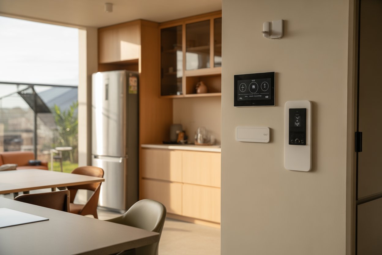 Smart home devices 2026 in a modern kitchen and living area with smart lighting, thermostat, and connected appliances