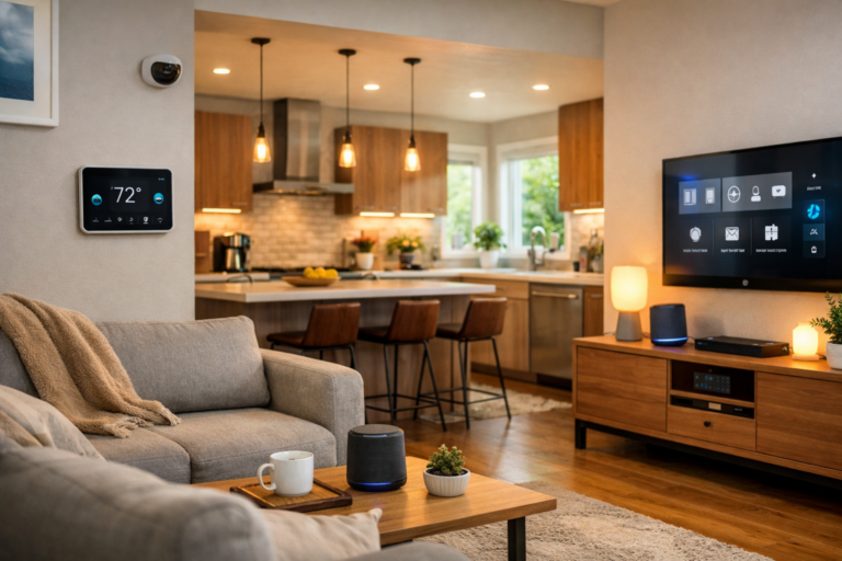 Smart living 2026 in a modern home with connected lighting, thermostat, and integrated smart devices