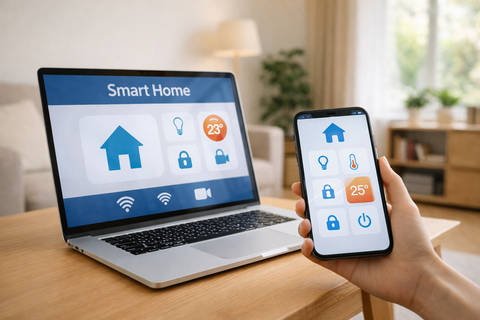 Modern smart home technology interface controlling lighting and climate in a contemporary living room