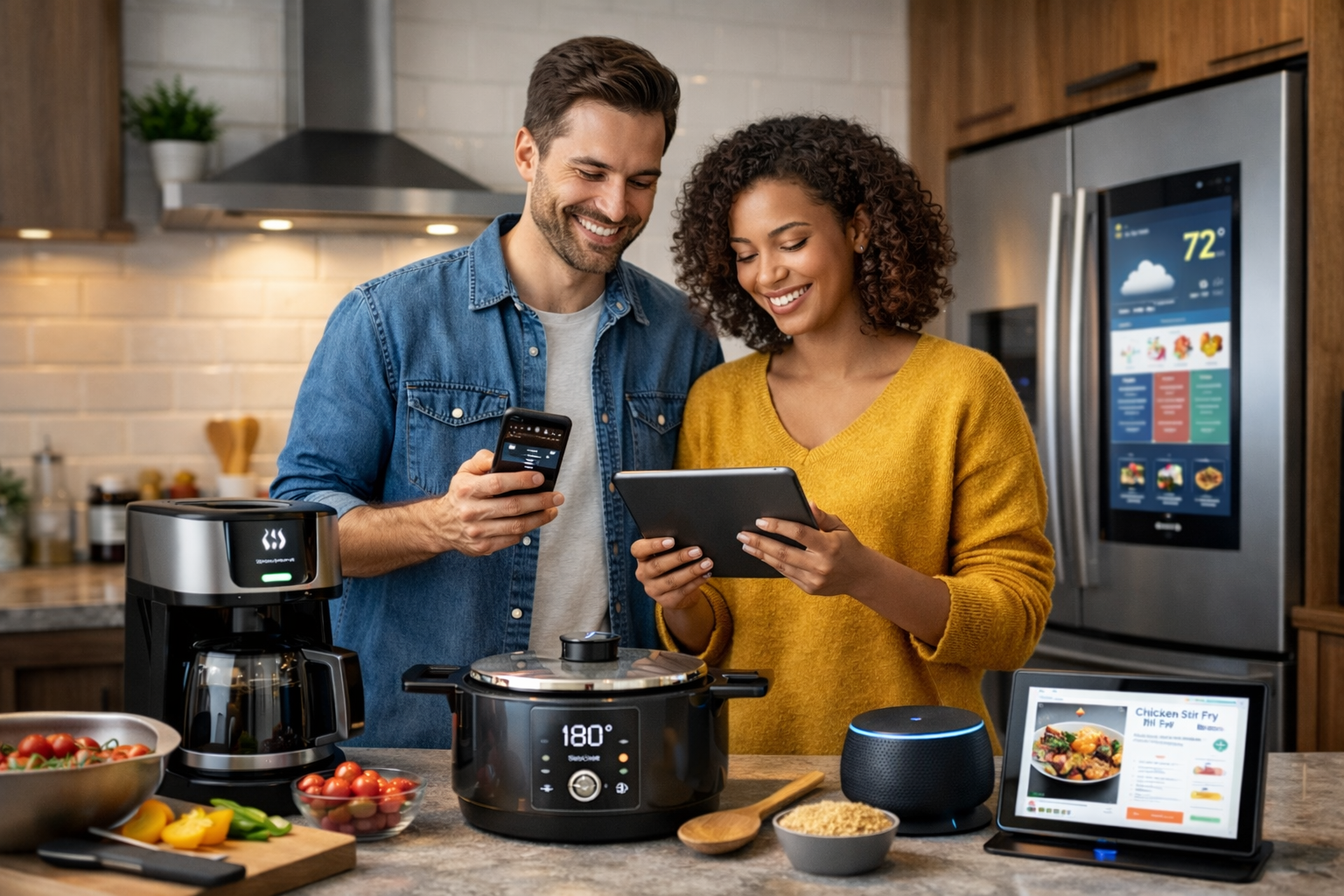 Smart kitchen gadgets in a modern connected kitchen with a couple using smart appliances and digital devices while cooking
