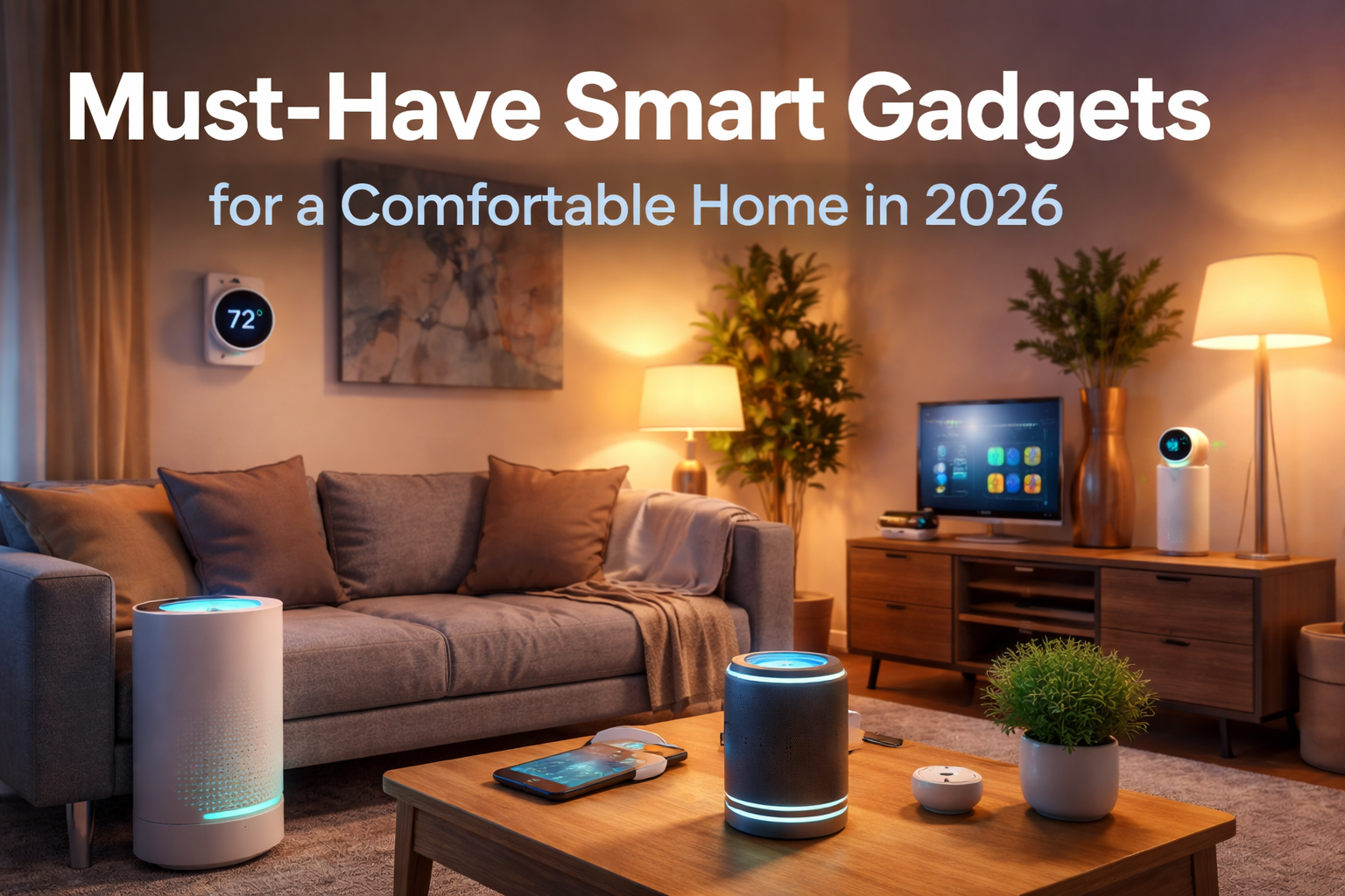 Smart gadgets 2026 in a modern living room enhancing comfort and convenience
