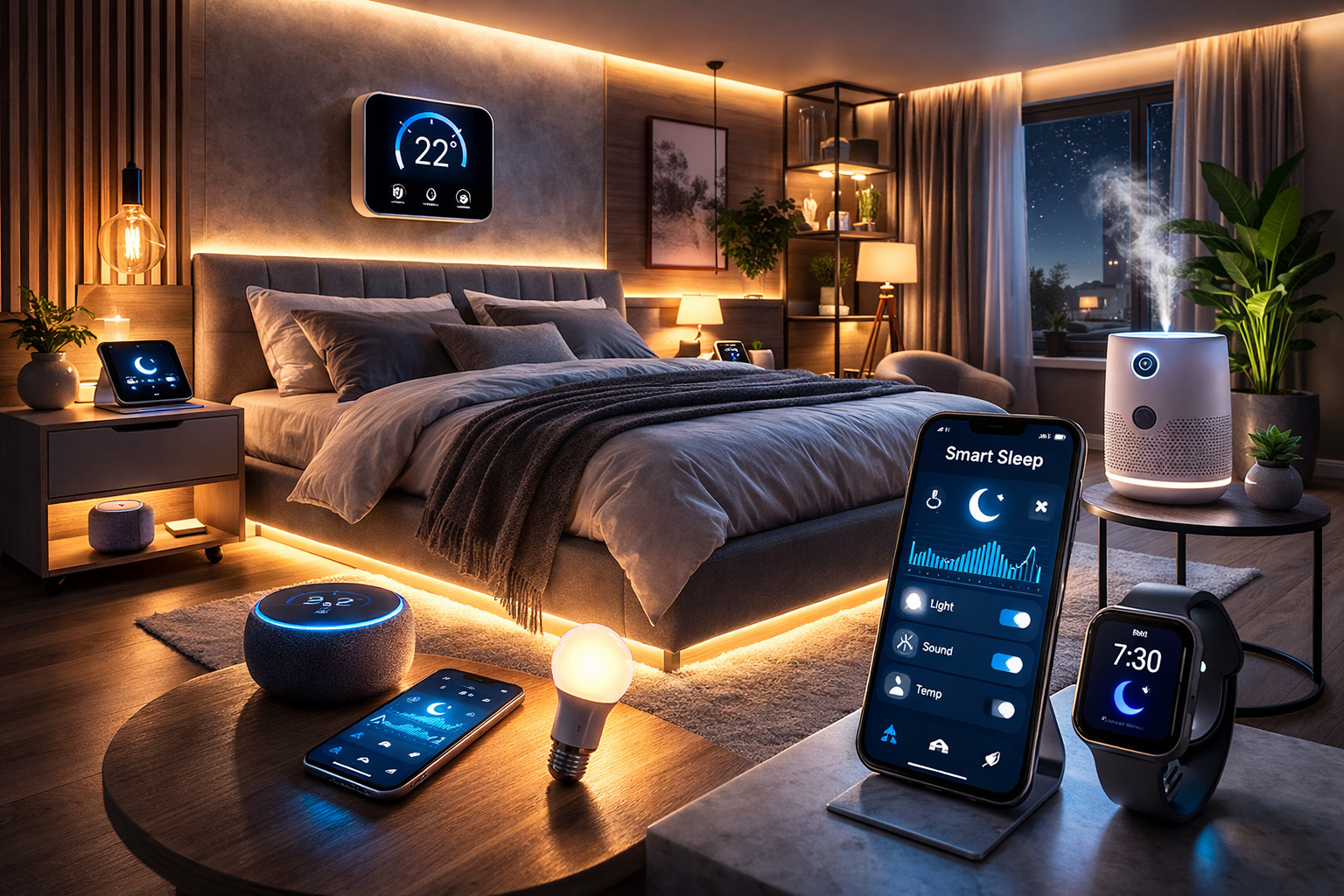 Modern smart bedroom with intelligent devices for better sleep, including smart lighting, thermostat, white noise machine, and air quality sensor creating a relaxing environment.