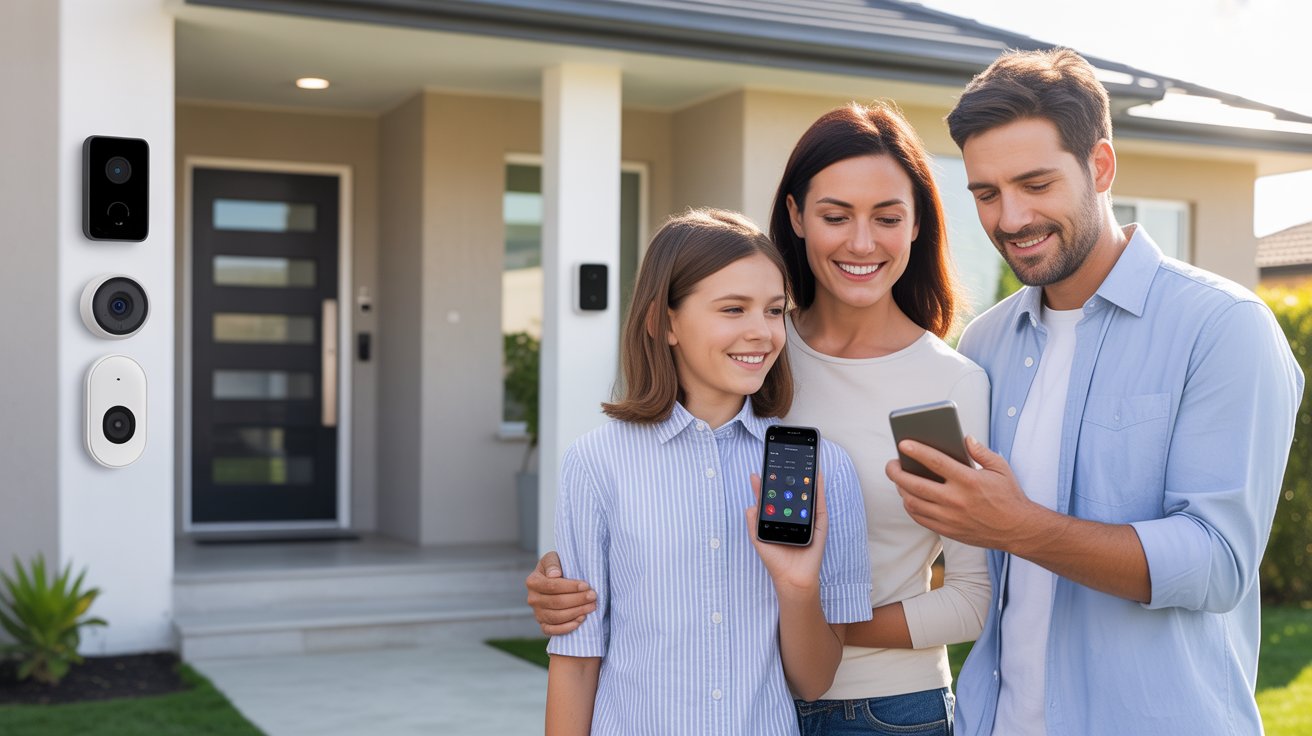 Smart home security devices including smart lock, security camera and video doorbell protecting a modern house