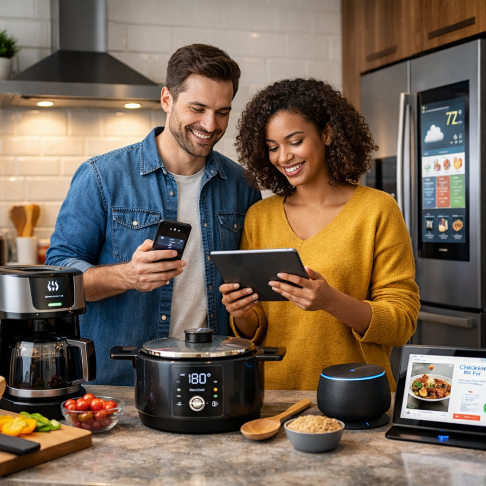 Smart kitchen gadgets in a modern connected kitchen with a couple using smart appliances and digital devices while cooking