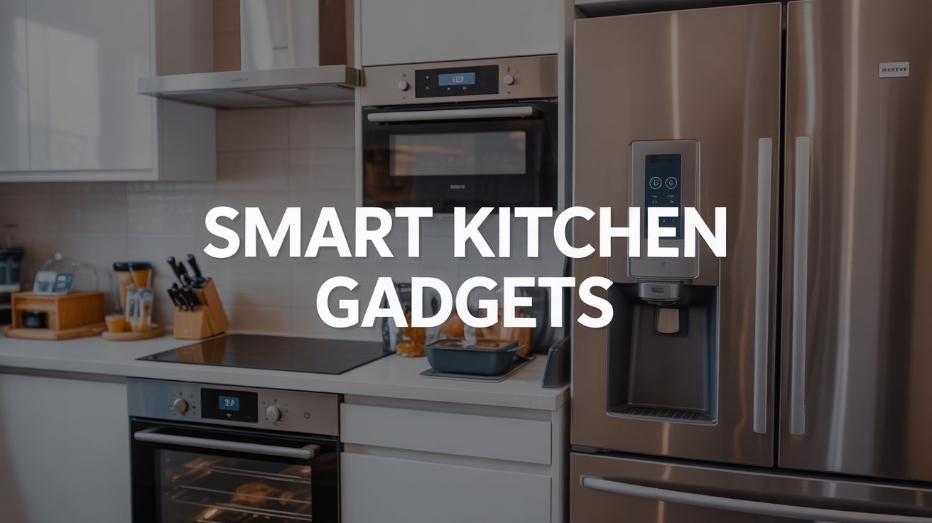Smart kitchen gadgets in a modern kitchen, including connected oven, smart refrigerator, and intelligent coffee machine.