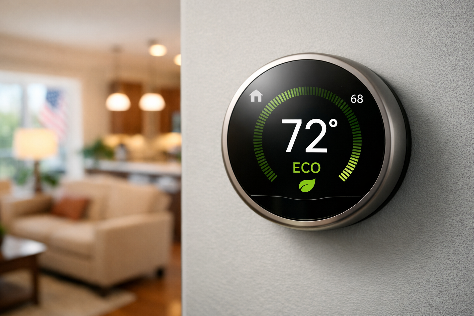 Smart thermostats for energy efficiency installed in a modern American living room