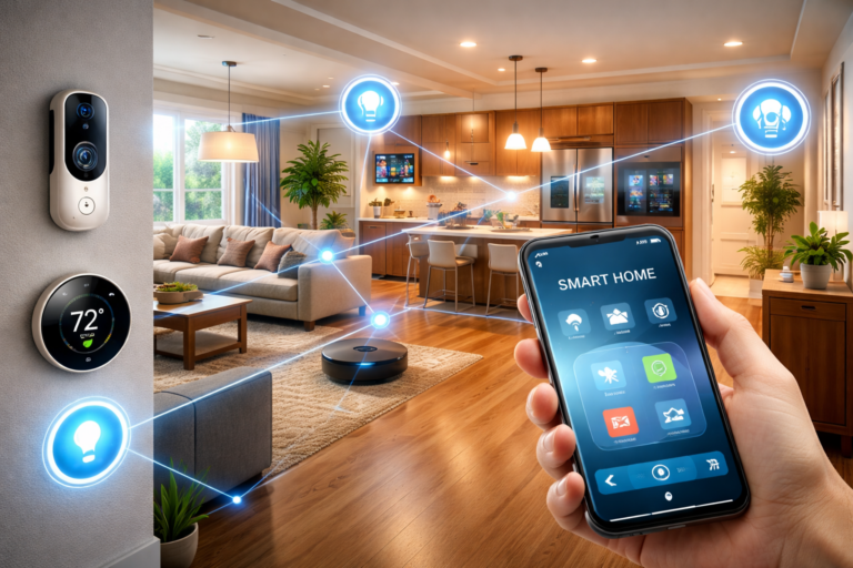 Modern smart home with connected devices showing what is a smart home setup