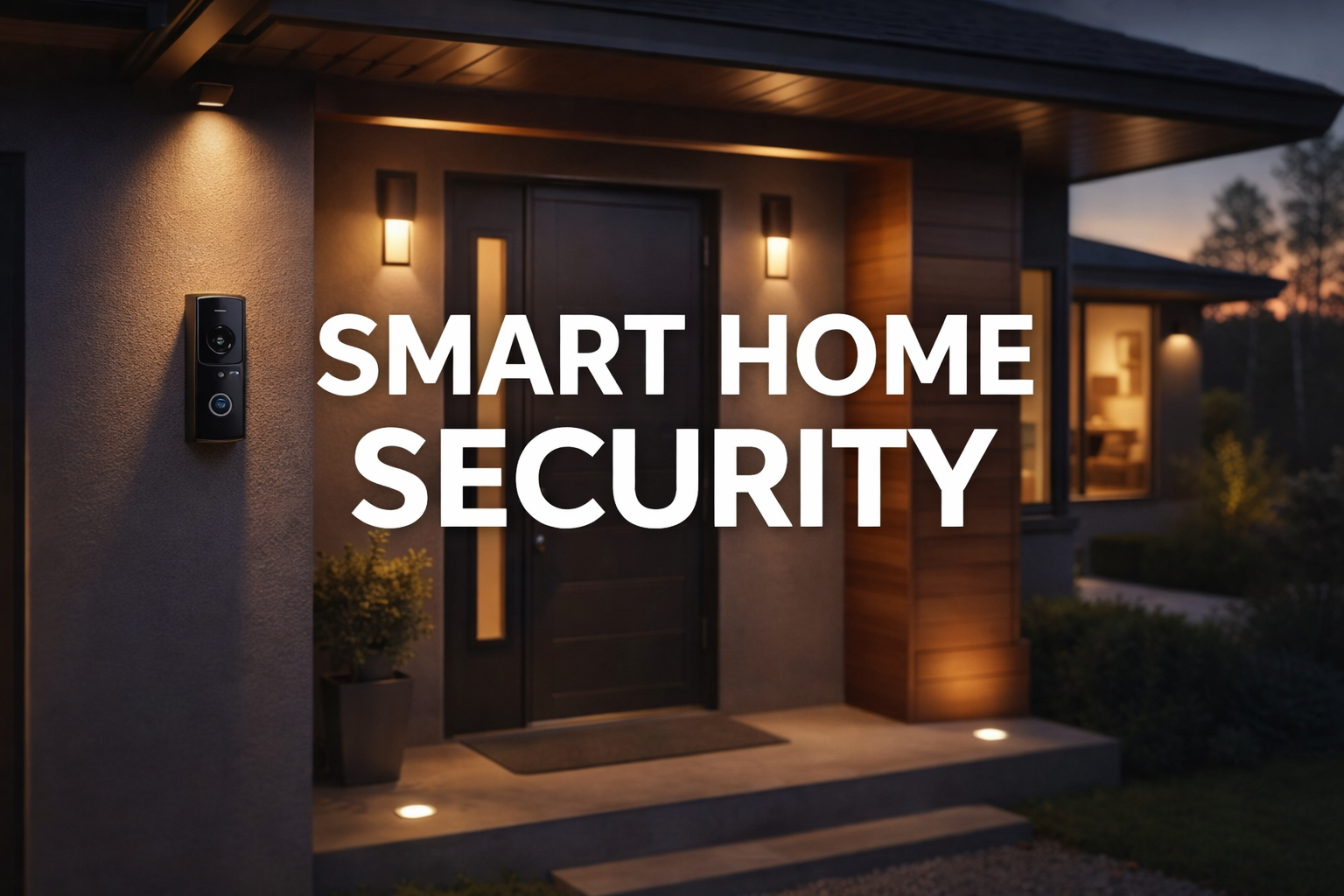 smart home security system with video doorbell and modern house exterior at dusk