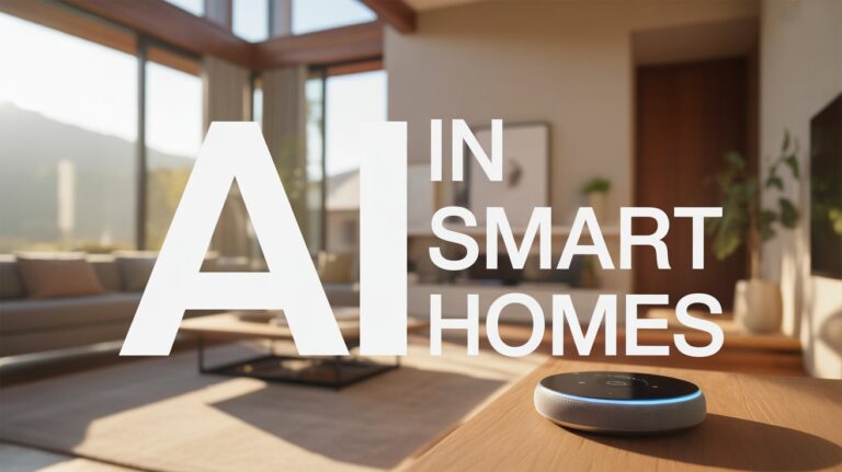 A modern living room showcasing artificial intelligence in smart homes with glowing devices.