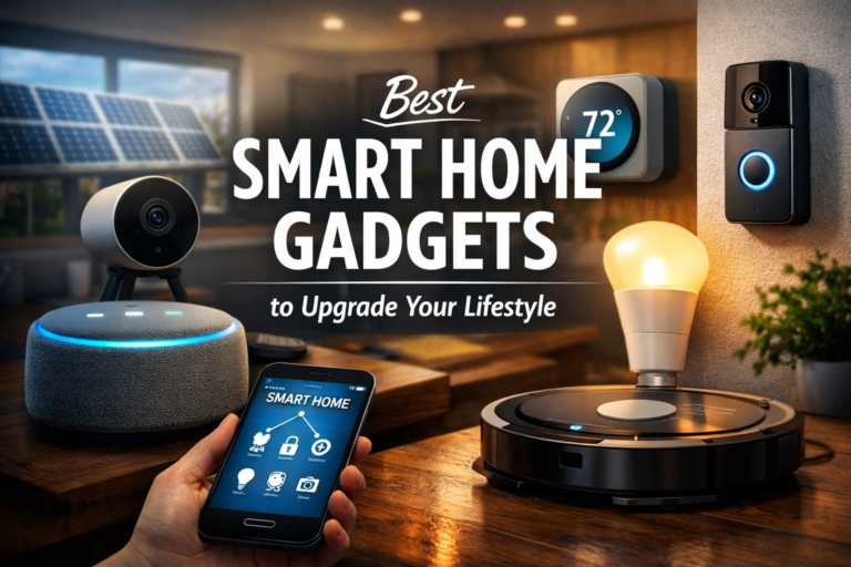 best smart home gadgets including smart speaker thermostat security camera and robot vacuum in a modern connected home