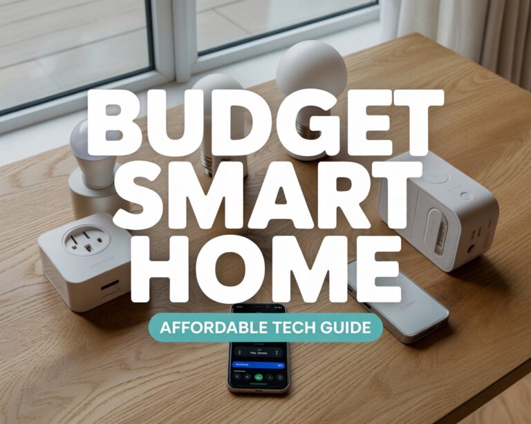 A collection of affordable smart home gadgets like plugs and bulbs next to a smartphone