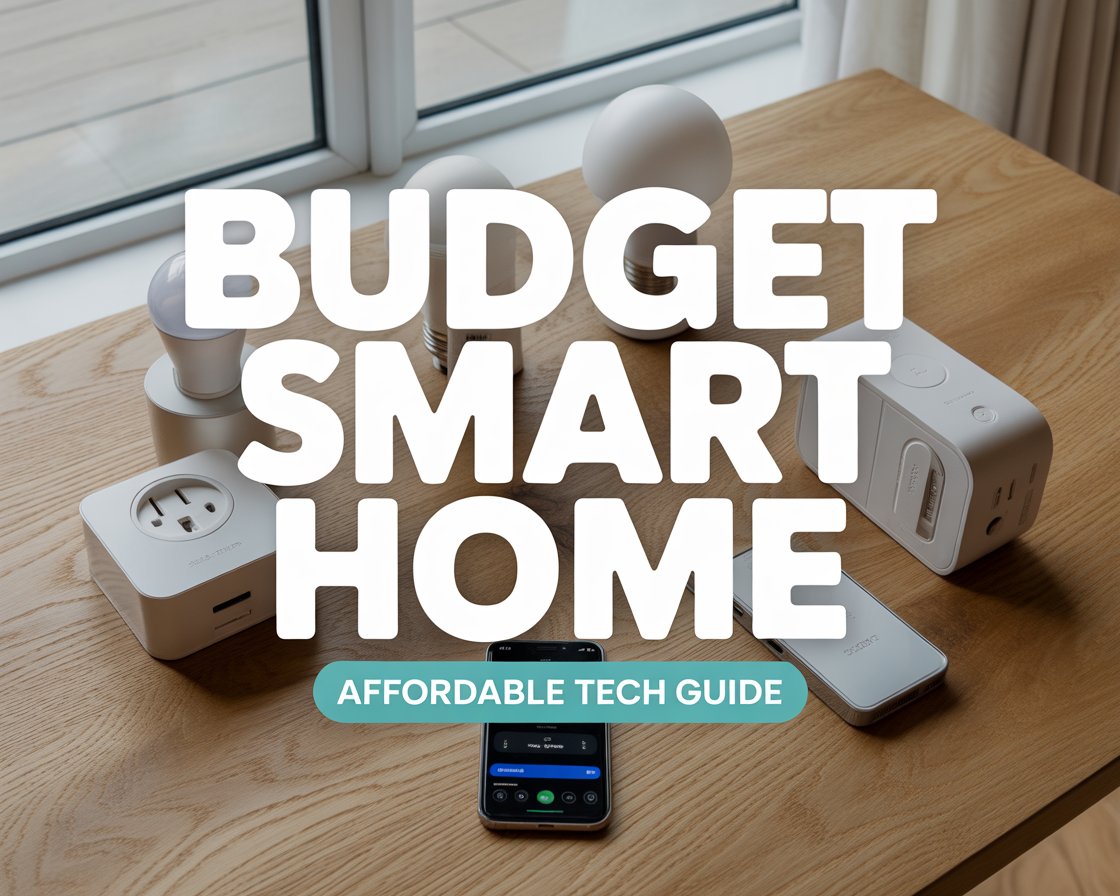 A collection of affordable smart home gadgets like plugs and bulbs next to a smartphone