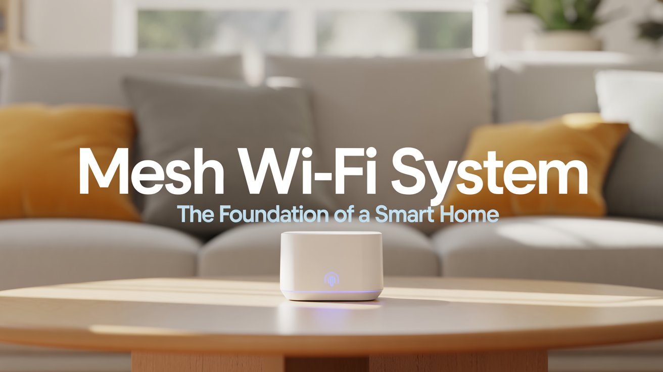Modern mesh Wi-Fi router node sitting on a wooden table in a smart home.