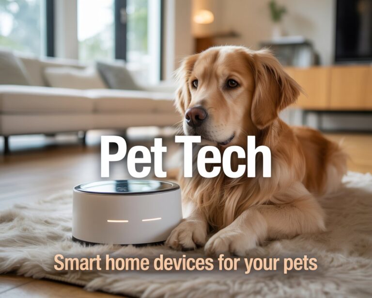 Dog sitting next to a smart automatic pet feeder and a pet camera.