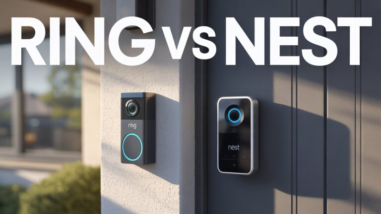 Ring vs Nest Video Doorbell side-by-side comparison on a modern smart home door