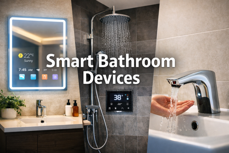 smart bathroom devices including smart mirror, smart shower, and motion sensor faucet in a modern smart home