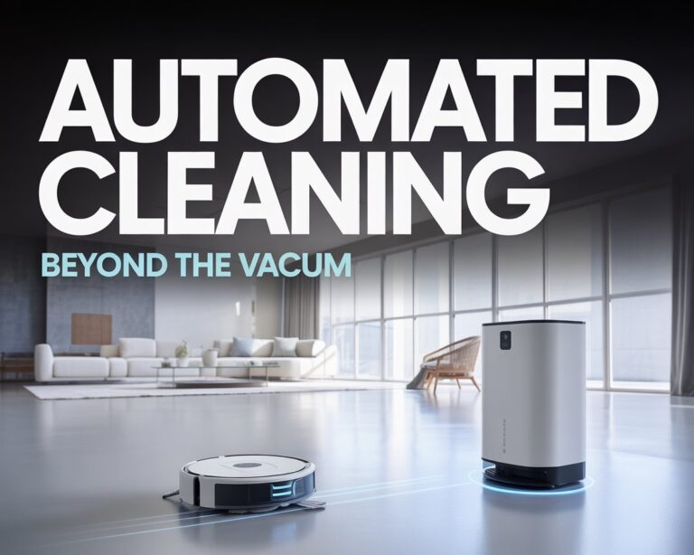 A modern living room featuring a smart air purifier, a high-tech wet dry vacuum, and a sensor trash can