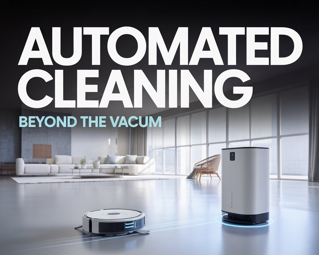 A modern living room featuring a smart air purifier, a high-tech wet dry vacuum, and a sensor trash can