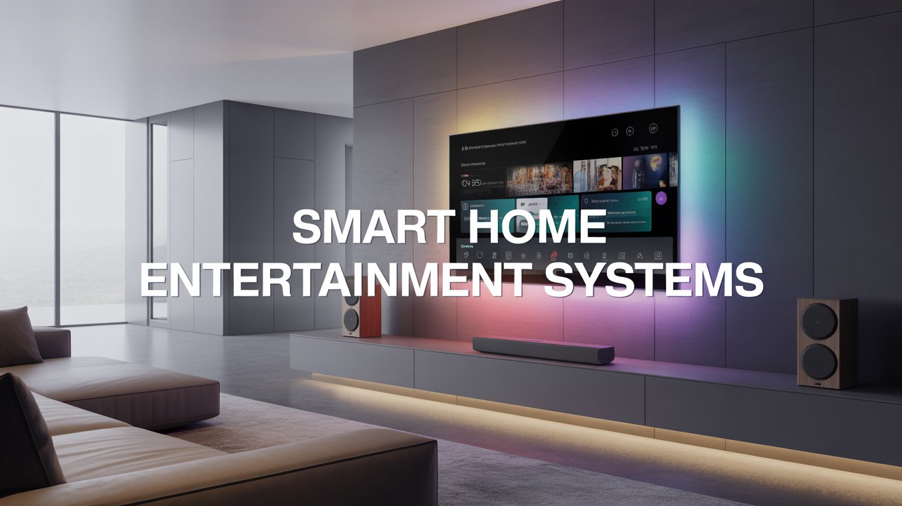smart home entertainment systems with modern tv, ambient lighting and connected speakers in living room