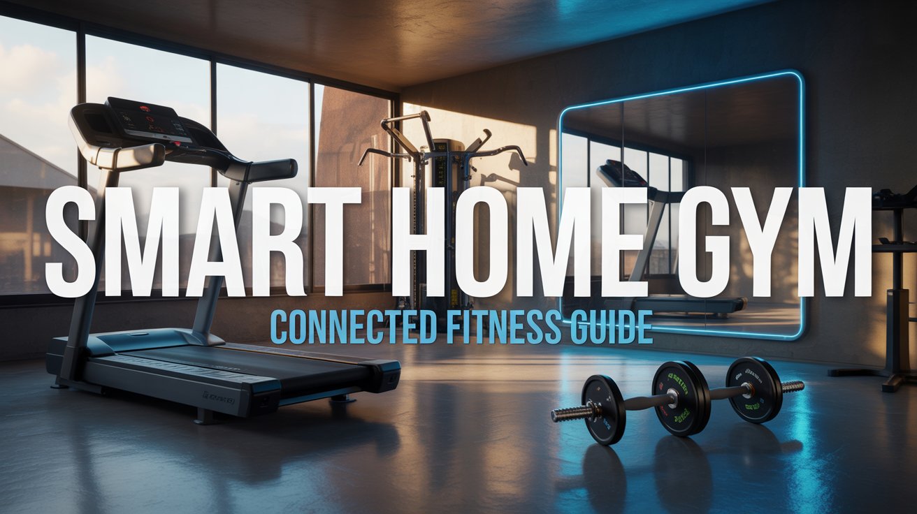 A modern home gym featuring smart weights, an interactive display, and connected fitness equipment