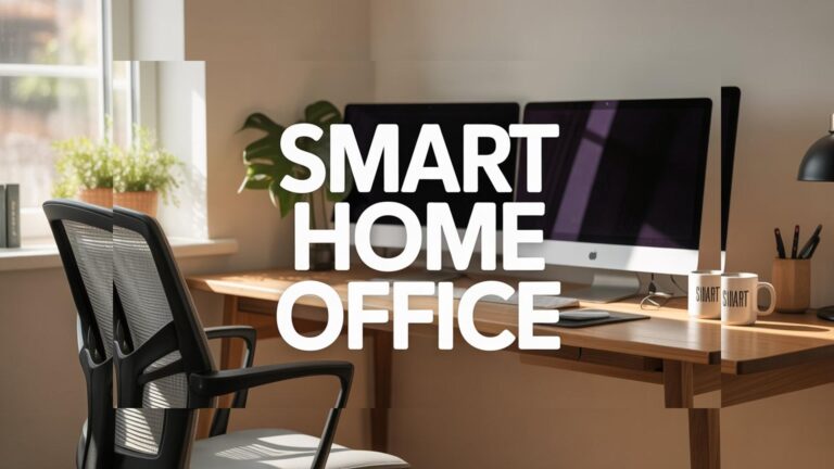 smart home office setup with modern desk, computer and smart workspace lighting