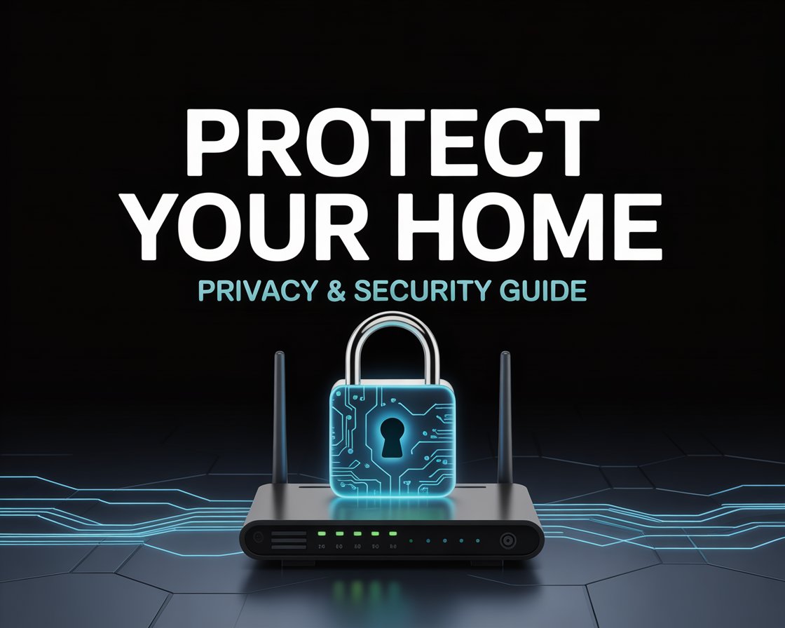 A digital padlock icon hovering over a modern smart home router and smartphone on a smart-home-privacy