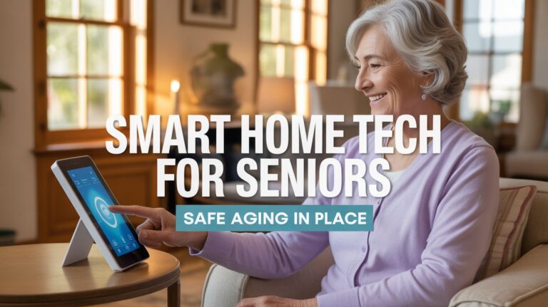 An older adult using a smart display and voice assistant for daily tasks on smart home tech seniors.