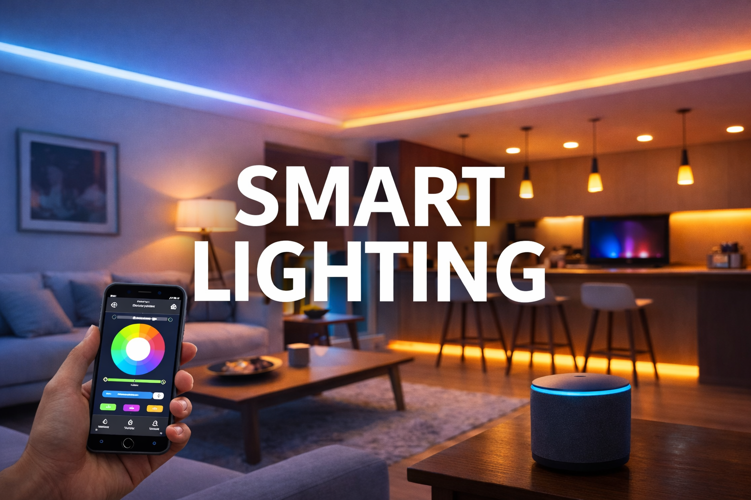 smart lighting system controlled by smartphone in a modern smart home living room