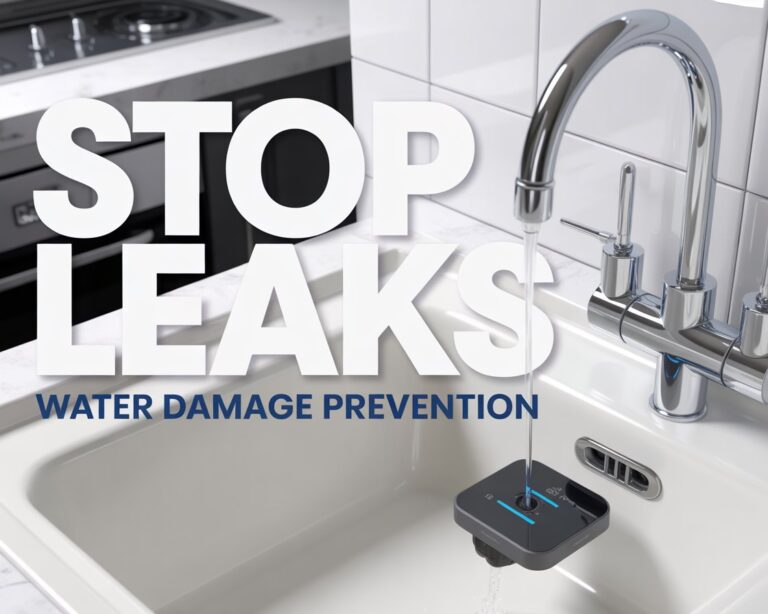 A small white smart water leak detector placed under a kitchen sink pipe