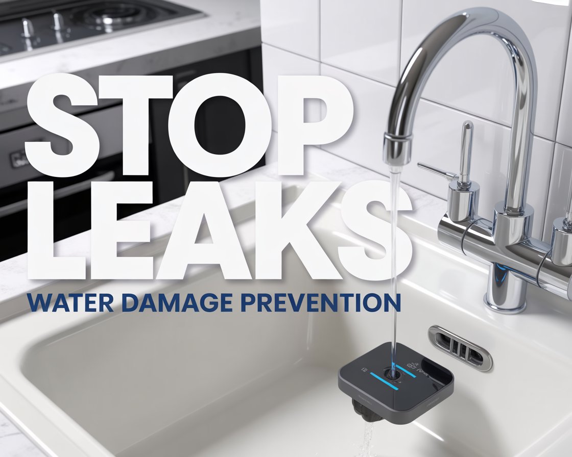 A small white smart water leak detector placed under a kitchen sink pipe