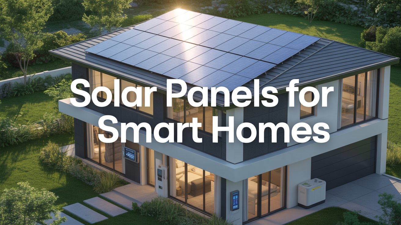 Modern smart home with solar panels on the roof, integrated smart devices, and clean energy technology