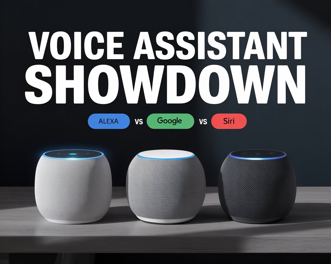 Three smart speakers representing Alexa, Google Assistant, and Siri side by side on a desk on voice-assistants-showdown
