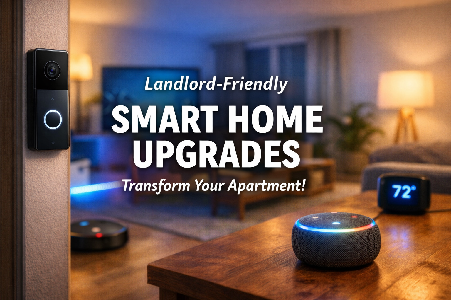 Landlord-friendly smart home upgrades in a modern apartment with smart speaker, lighting, and automation devices